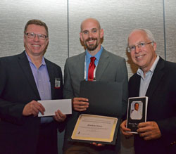 ASRF scholarship winner Matthew Rhine (center) with Glen Austin of Monsanto and Jim Tobin, retired