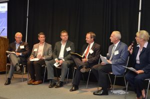Disruptive Innovation: Not Just for Silicon Valley was the second panel discussion during the Rural Infrastructure Summit in Ames, Iowa. From left to right: Bert Farrish, Kevin Kimble, Darryl Matthews, John Engelen, Andrew Jacob and Sara Wyant. 