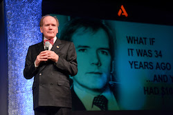 Alltech Founder and President, Dr. Pearse Lyons presents during the Alltech 30th Annual International Symposium in Lexington, Kentucky.